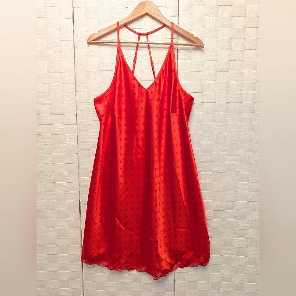 Cacique Red Polka Dot Satin Chemise Lace Trim Caged Back Nightgown 14/16